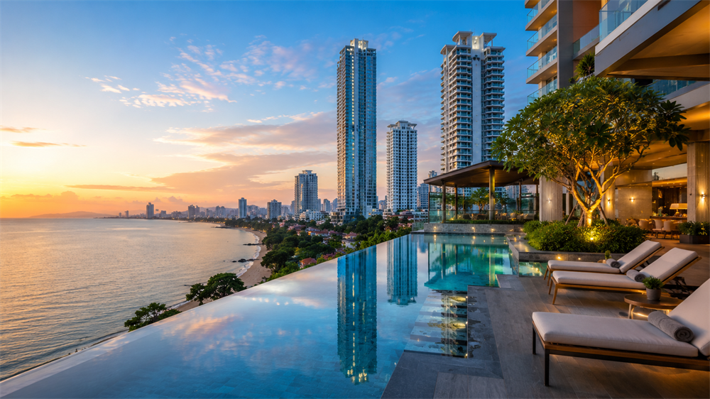 Luxury beachfront condominiums in Wongamat showcasing premium architecture, sea views, resort-style facilities, and upscale coastal living in Pattaya.